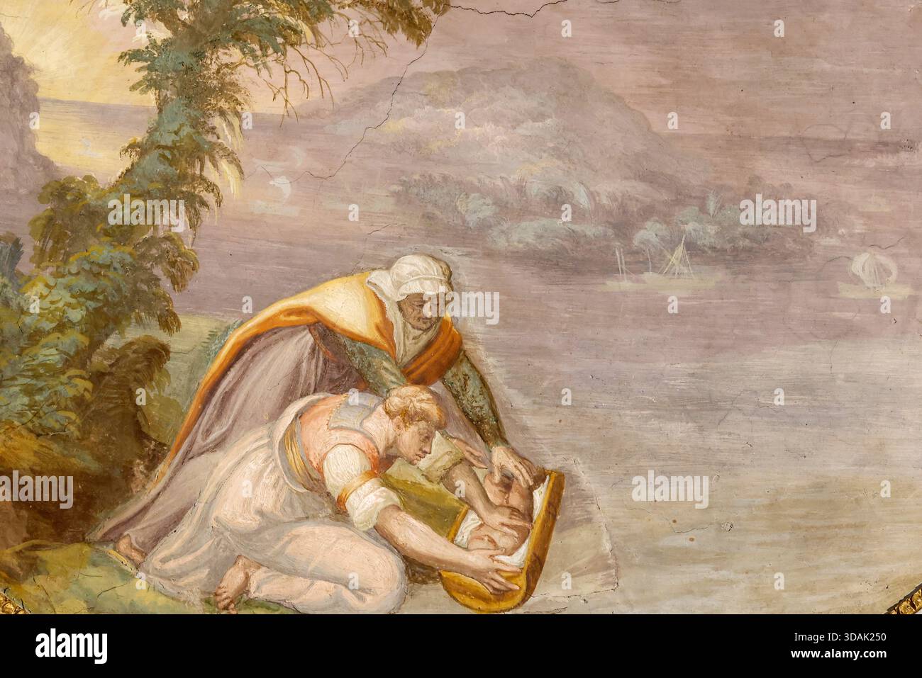 Musées du Vatican. Baby Moïse repose dans un panier de papyrus parmi les roseaux du Nil, surveillé par sa sœur vigilante Miriam. Banque D'Images