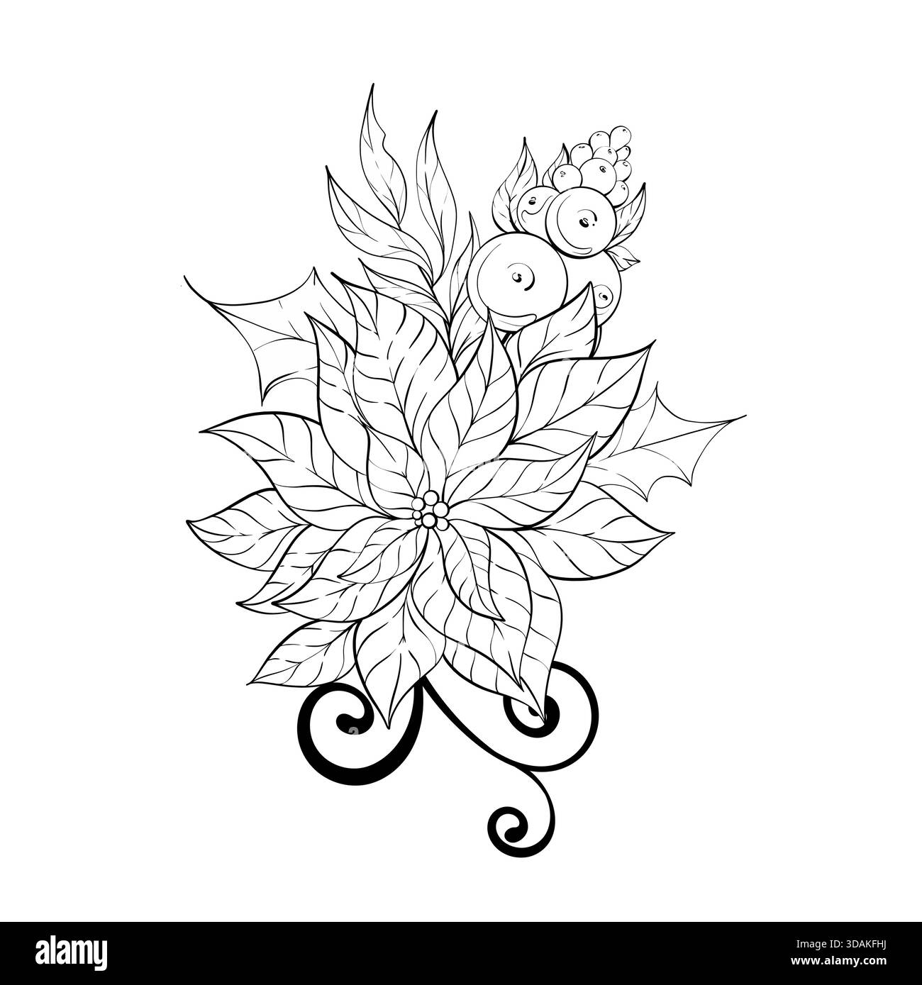 Arrangement floral avec des feuilles de poinsettia et des baies décoratives Black Line Art pour les célébrations d'hiver Design élégant pour les événements festifs et l'artisanat Illustration de Vecteur