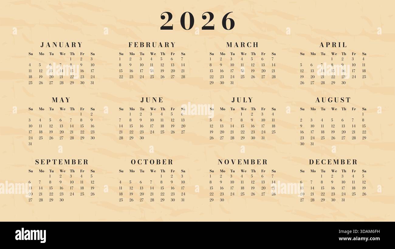 Calendrier 2026 année modèle horizontal vintage rétro grunge parchemin design. Illustration de Vecteur