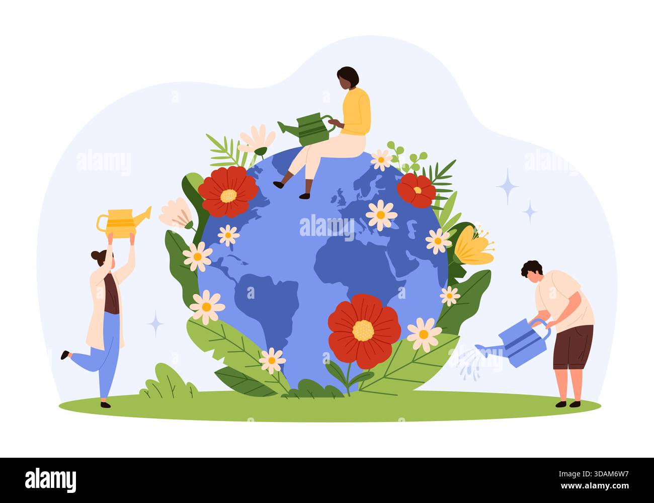 Groupe de personnes diverses prenant soin de la planète Terre avec des arrosoirs, entourés de fleurs en fleurs et de feuilles vertes, favorisant la protection de l'environnement et la durabilité illustration vectorielle isolée Illustration de Vecteur