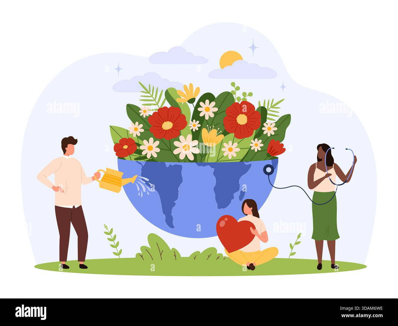 Groupe de diverses personnes nourrissant une terre fleurie avec des fleurs, symbolisant le soin de l'environnement, la durabilité et la santé mondiale dans une illustration vectorielle isolée de style plat Illustration de Vecteur