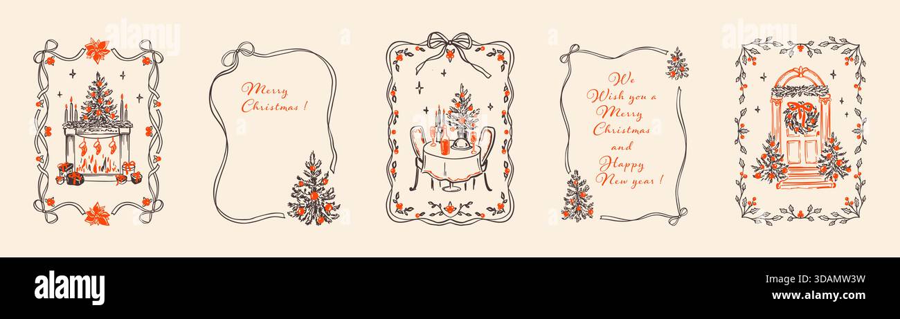 Joyeux Noël et joyeux nouvel an cartes de doodle dessinées à la main, affiches, arrière-plans ensemble. Fantaisiste dessiné à la main vintage coquette noeud ruban cadre de Noël Illustration de Vecteur