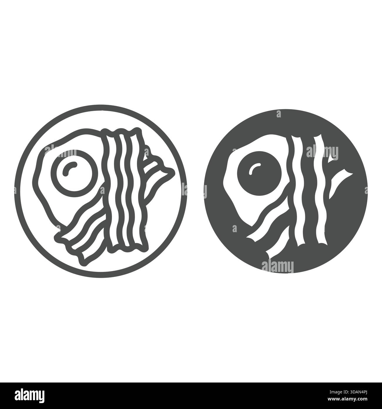 Œufs brouillés et ligne de bacon frit et icône solide, concept de nourriture de petit déjeuner. Graphiques vectoriels. Panneau de plaque de repas du matin sur fond blanc, contour styl Illustration de Vecteur