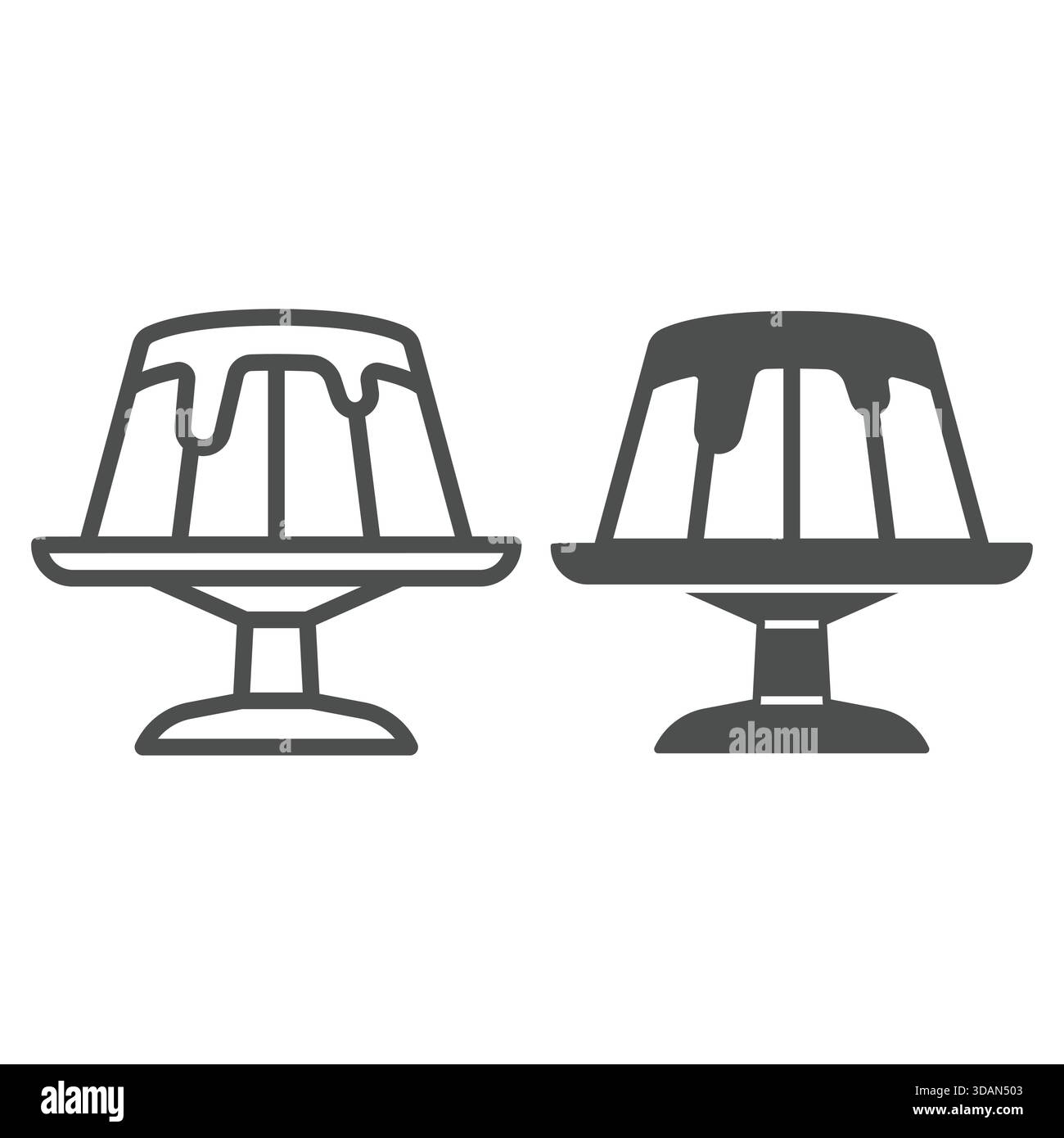 Gelée, tarte au pudding sur la ligne d'assiette et icône solide, concept de cupcakes sucrés. Graphiques vectoriels. Chef cuisinier signe de plat sur fond blanc, contour de style IC Illustration de Vecteur