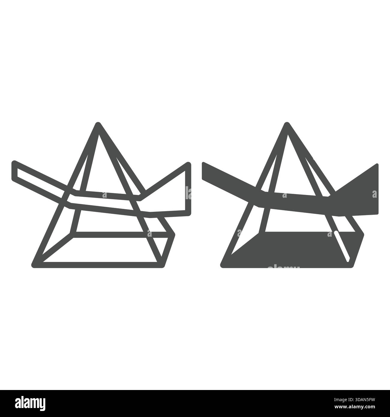 Chemin du rayon lumineux dans la ligne de prisme et icône solide, concept d'effet optique. Graphiques vectoriels. Piramid avec des miroirs signe sur fond blanc, style de contour Illustration de Vecteur