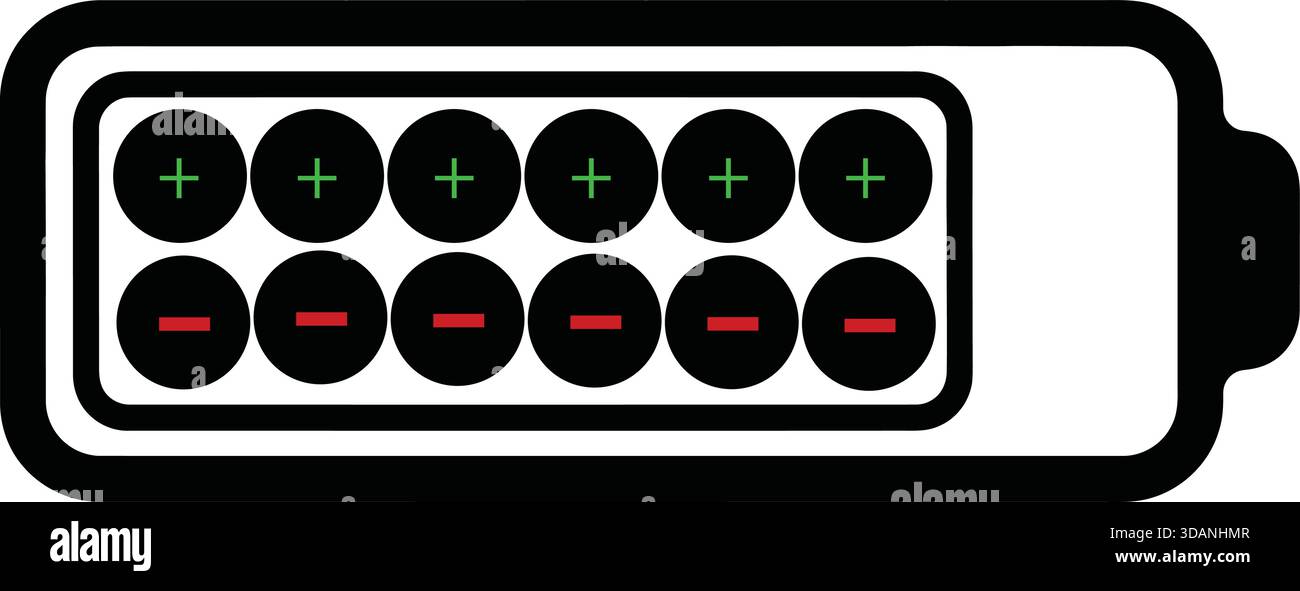 Illustration d'une batterie avec des signes plus verts et moins rouges sur des cercles noirs. Illustration de Vecteur