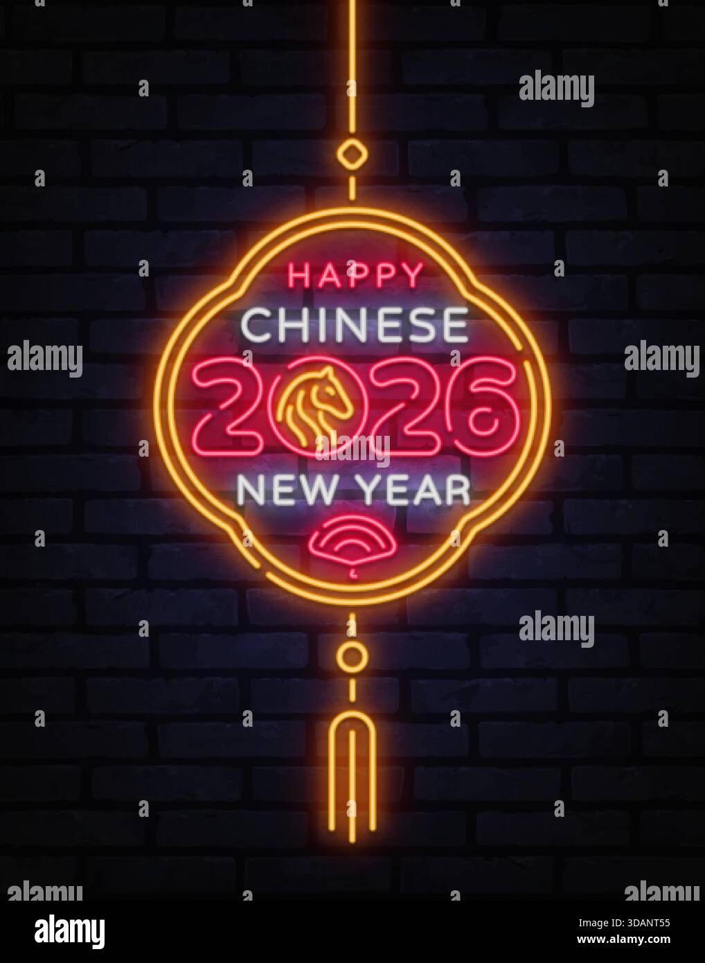 Design néon circulaire conçu comme une lanterne avec 2026, signe de cheval et lueur festive. Idéal pour les bannières de vacances et les affiches à thème. Illustration de Vecteur