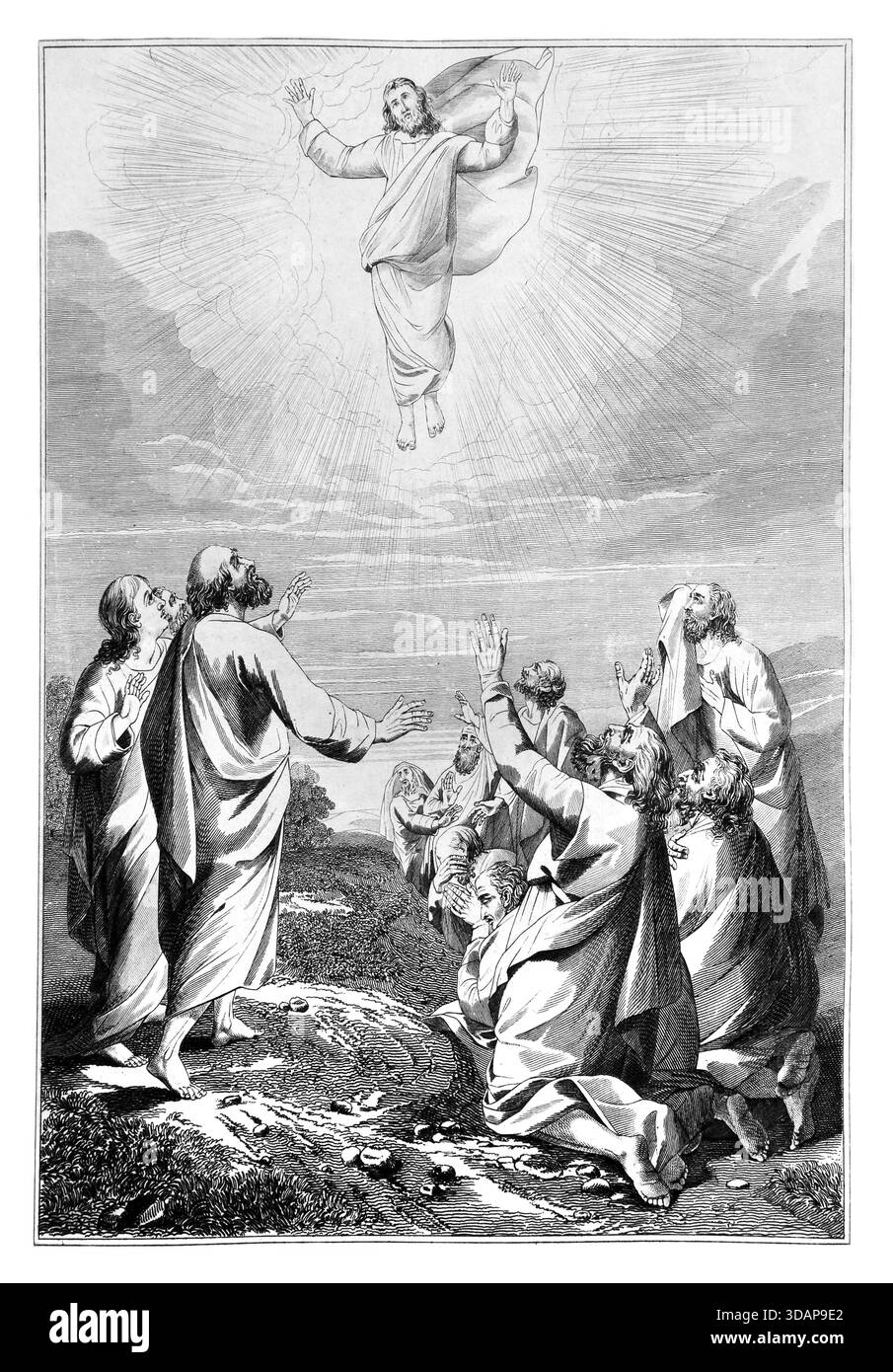 Illustration de l'Ascension de Jésus-Christ (actes) de l'édition 1818 de la Sainte Bible selon la version autorisée ; avec notes et expla Banque D'Images
