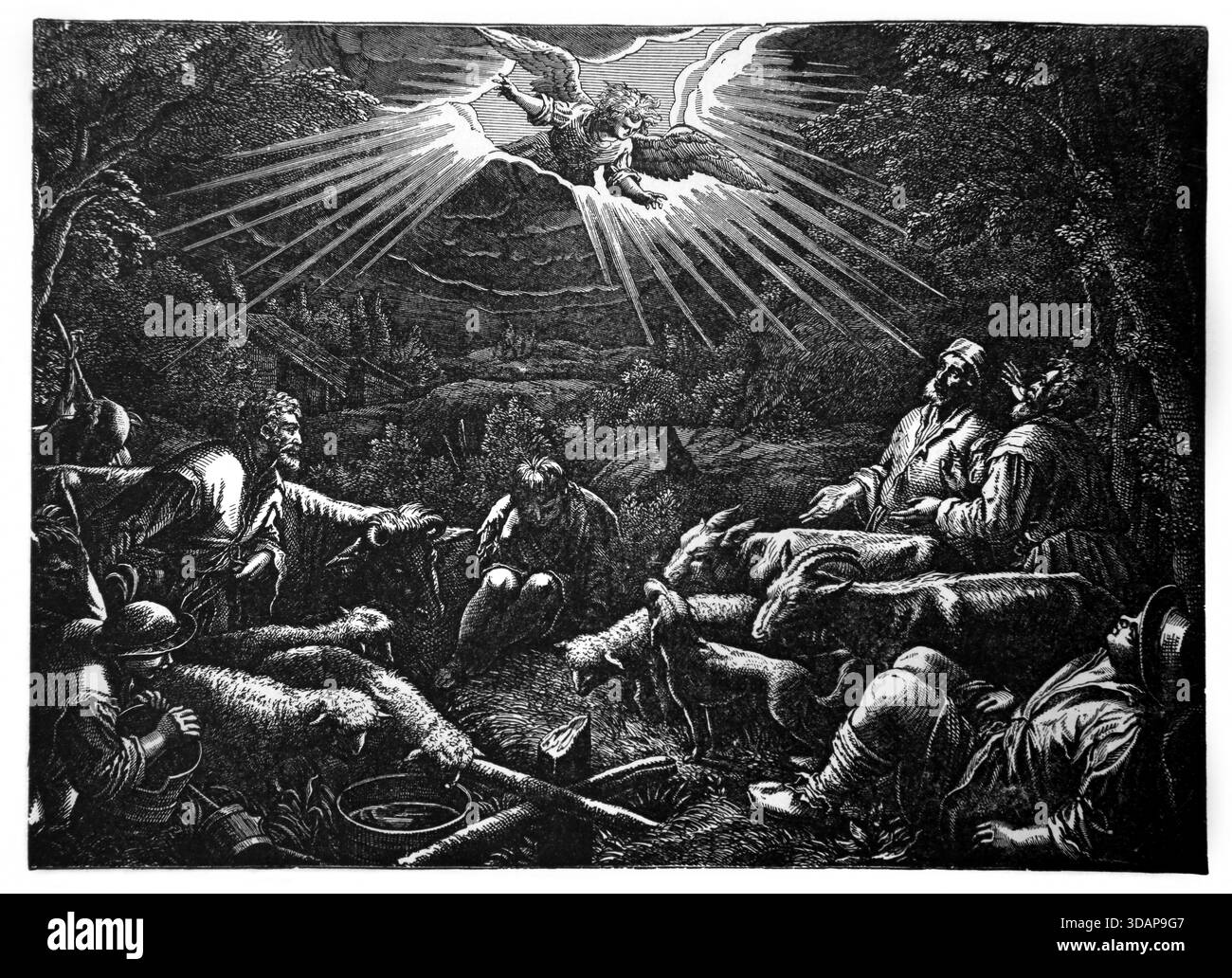 Illustration des bergers de Bethléem (Luc) - les bergers regardaient leur troupeau la nuit quand un Ange du Seigneur est venu sur eux apportant th Banque D'Images