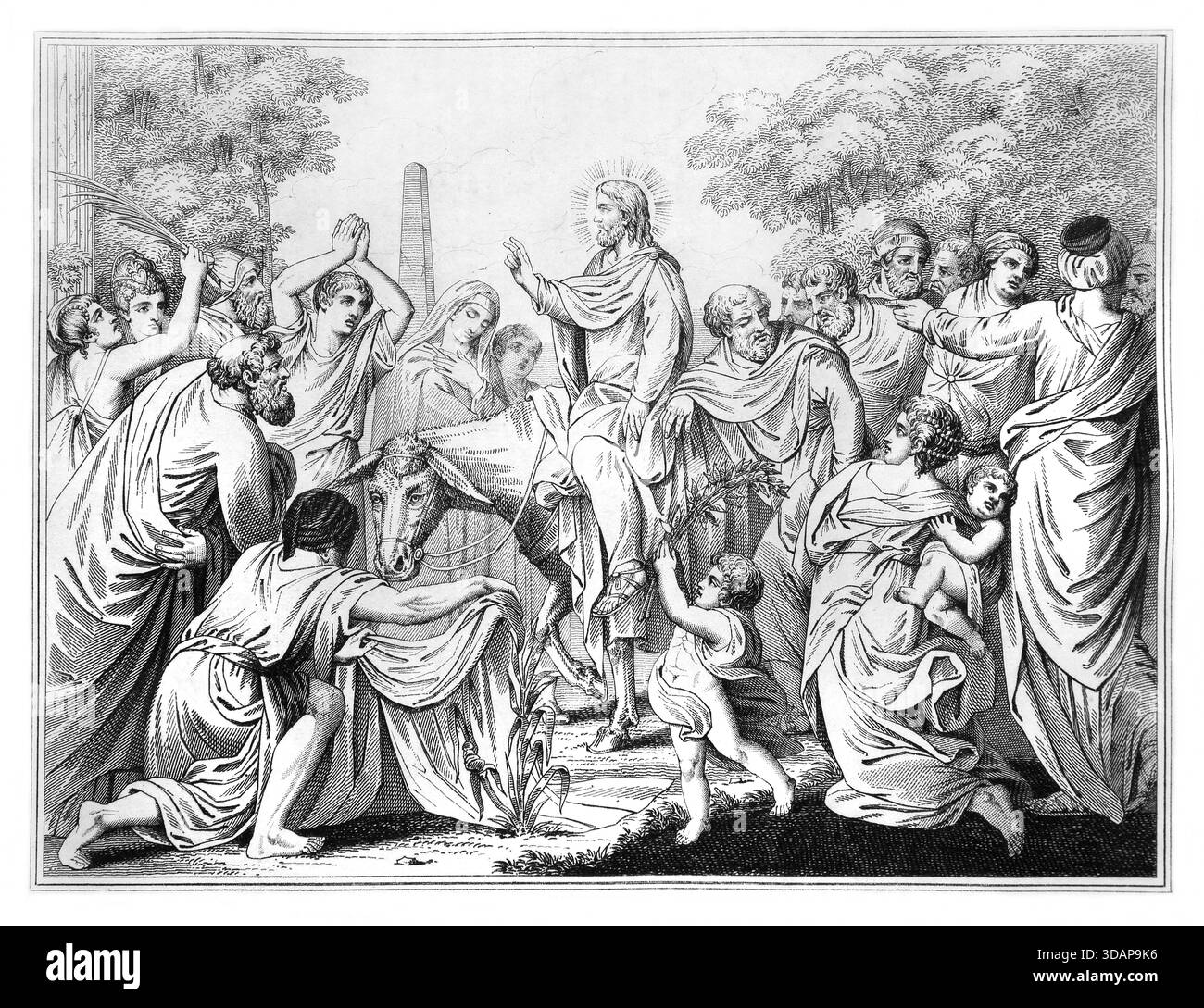 Illustration entrée de Jésus à Jérusalem avec des disciples prenant des foulards et les posant sur le sol pour que l'âne marche dessus de l'éd. de 1818 Banque D'Images