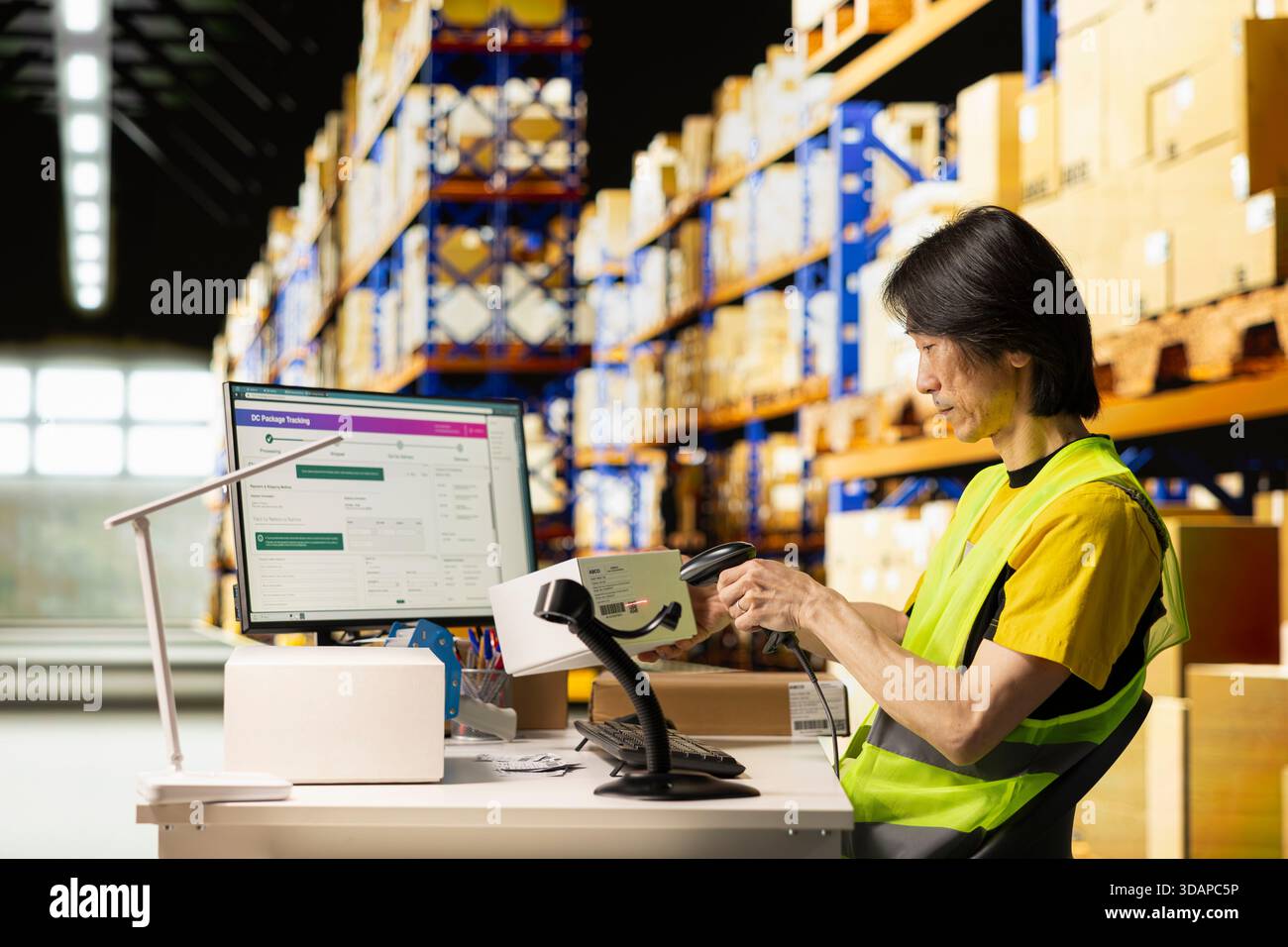 Travailleur de dépôt asiatique scannant les codes-barres sur les colis dans un entrepôt, examinant les étiquettes d'expédition et les factures pour la logistique d'exécution des commandes. Opérations de suivi des stocks dans un centre de distribution. Banque D'Images