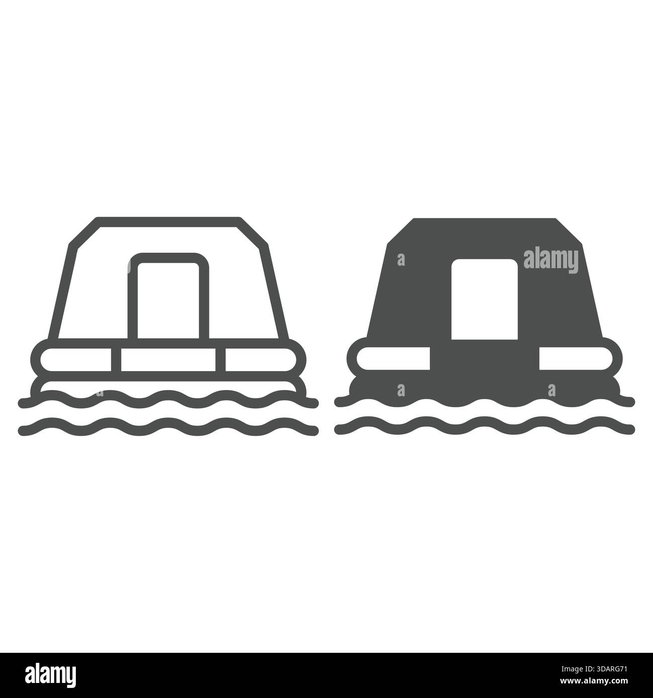 Ligne de bateau de sauvetage et icône solide, concept de service d'urgence. Graphiques vectoriels. Signe de bateau gonflable de sauvetage de l'eau sur fond blanc, contour style i Illustration de Vecteur