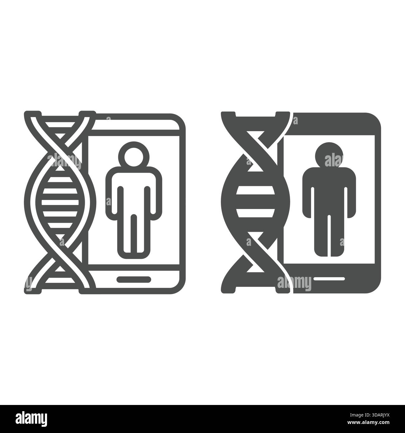 Chaîne d'ADN avec ligne d'utilisateur de smartphone et icône solide, concept de recherche génétique. Graphiques vectoriels. Test ADN homme sur signe téléphonique sur fond blanc, contour Illustration de Vecteur