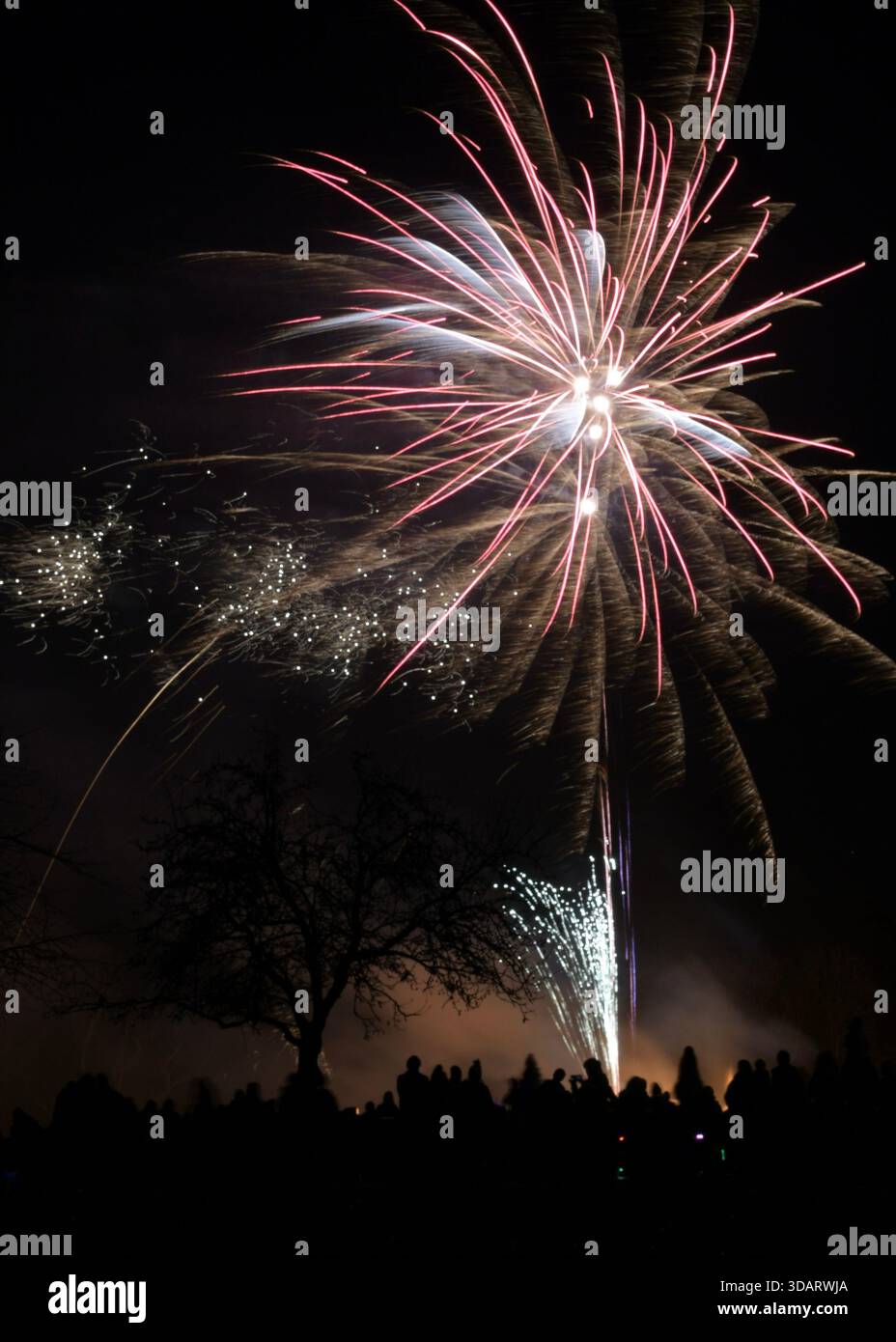 Fusée de feu d'artifice avec des gens silhouettés Banque D'Images