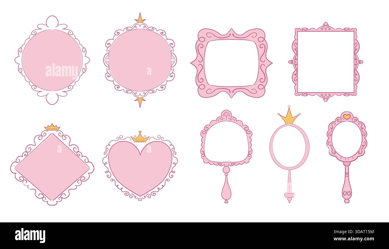Cadre princesse miroir set ligne fée. Miroirs fantaisistes de doodle mignon avec couronne pour bébé princesse. Collection élégant décor pastel. Illustration vectorielle Illustration de Vecteur