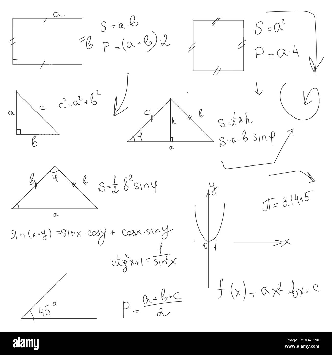 Caractères mathématiques scolaires, dessins et diagrammes, croquis noir et blanc. Illustration vectorielle. Équations trigonométriques et algébriques, formules, c Illustration de Vecteur