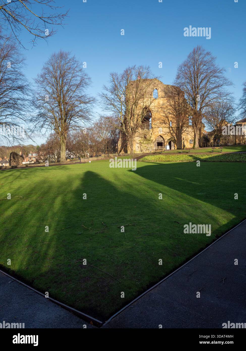 De longues ombres se projettent sur le parc verdoyant du château avec les ruines du château de Knaresborough en arrière-plan. Banque D'Images
