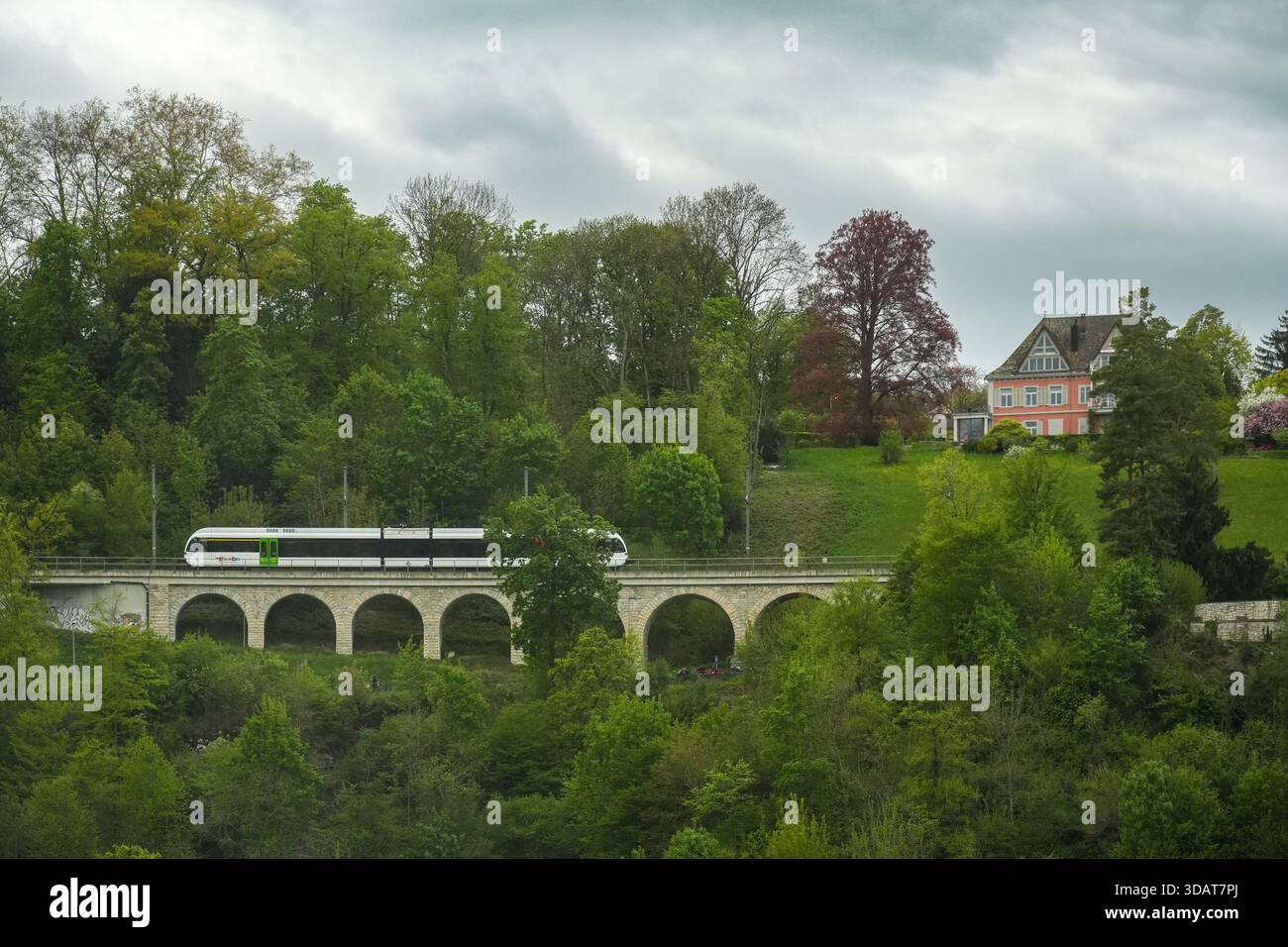 Train régional Thurbo traversant le viaduc ferroviaire historique au-dessus de la région des chutes du Rhin, Neuhausen am Rheinfall, Suisse. Banque D'Images