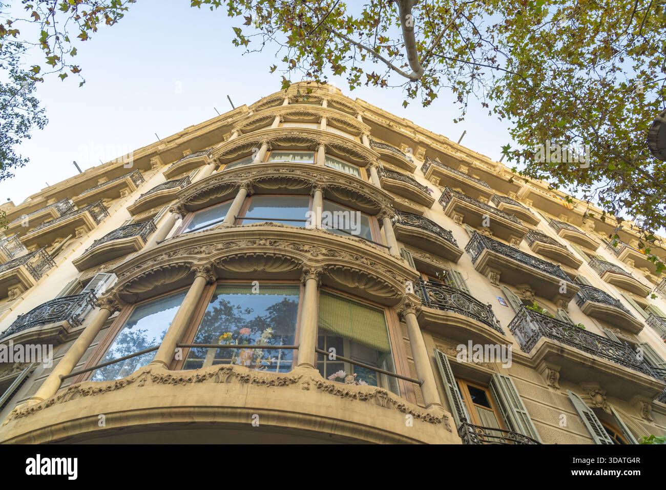 Vue sur la façade ornée de Casa Batlló atteint le ciel, ses balcons complexes jetant des ombres sur la pierre ensoleillée, un chef-d'œuvre de l'architecte Banque D'Images
