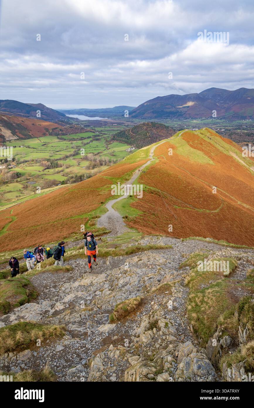 Vue des marcheurs sur la crête de Cat Bells, Lake District, Cumbria, Angleterre, Royaume-Uni. Banque D'Images