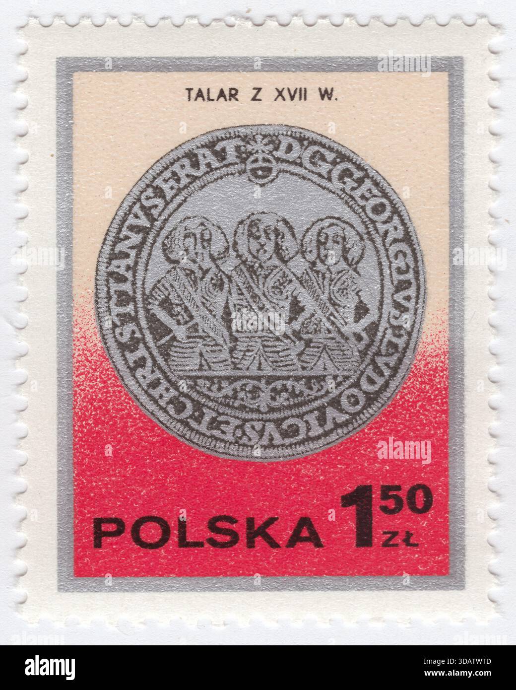 POLOGNE — 9 octobre 1977 : timbre-poste multicolore en argent zloty à 1,50 représentant Legniza-Brzeg-Wolow Silver thaler, XVIIe siècle. Varsovie, jour du timbre. Un thaler, ou taler, est l'une des grandes pièces d'argent frappées dans les états et territoires du Saint-Empire romain germanique et de la monarchie des Habsbourg au début de la période moderne. Une pièce d'argent de taille thaler a un diamètre d'environ 40 mm (1+1⁄2 po) et un poids d'environ 25 à 30 grammes (environ 1 once). Le mot est raccourci de Joachimsthaler, la pièce de monnaie thaler originale frappée à Joachimsthal, Bohême, à partir de 1520 Banque D'Images