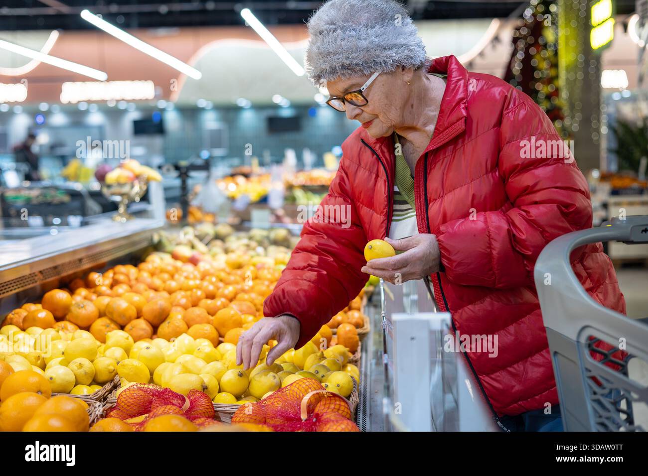 Femme âgée choisissant des citrons frais à la section des produits du supermarché – mode de vie senior actif, alimentation saine et shopping indépendant Banque D'Images
