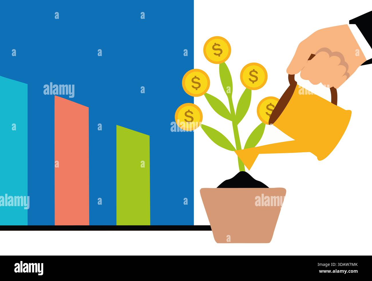 Une main arrose une petite plante avec des pièces de monnaie pour les feuilles, symbolisant la croissance de l'investissement. À côté de lui, un graphique à barres coloré indique une financia croissante Banque D'Images