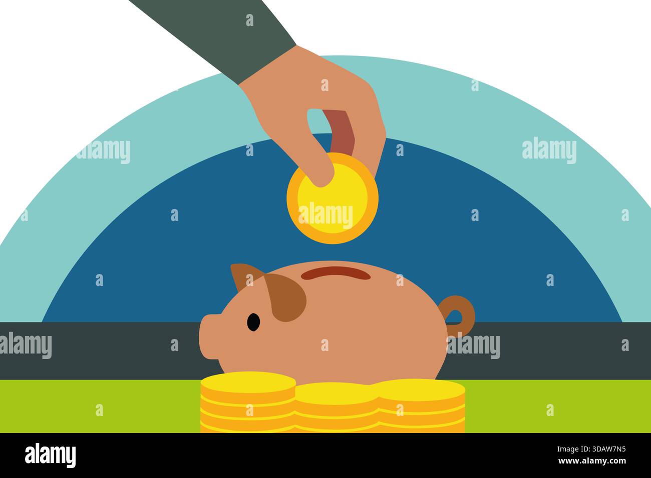 Une main laisse tomber une pièce d'or dans une tirelire tandis que les pièces sont empilées à proximité, illustrant le concept d'économiser de l'argent et de planification financière. Ce sce Banque D'Images
