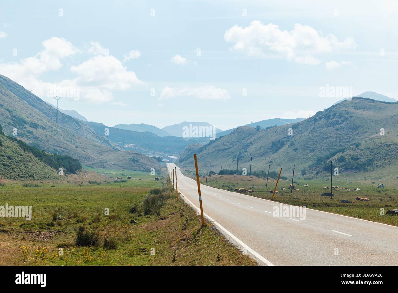 Long tronçon de route serpentant à travers un paysage de montagne pittoresque, entouré de vallées luxuriantes et de collines lointaines sous un ciel bleu vif avec moelleux Banque D'Images