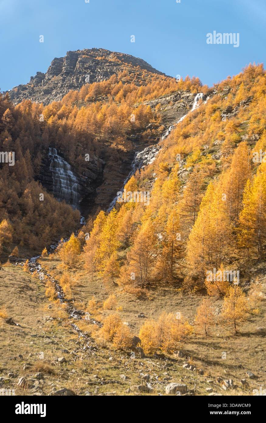 Une vue imprenable sur les Alpes en automne, mettant en valeur une cascade entourée d'un feuillage vibrant. Les arbres dorés contrastent magnifiquement avec le p robuste Banque D'Images