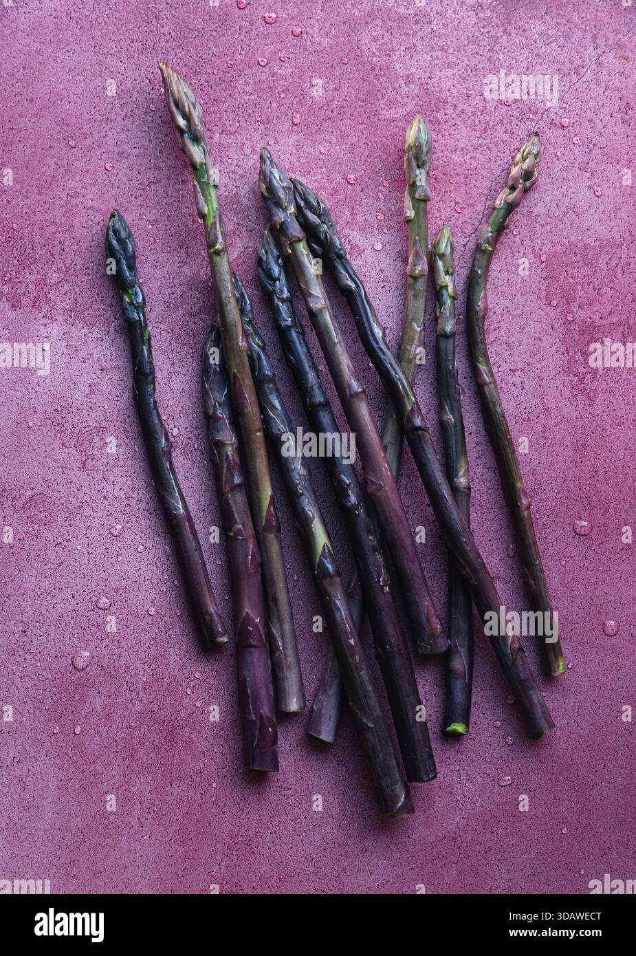 Un tas de lances d'asperges fraîches artistiquement disposées sur un fond violet texturé et vibrant. L'image met en évidence le contraste entre l'aspar Banque D'Images