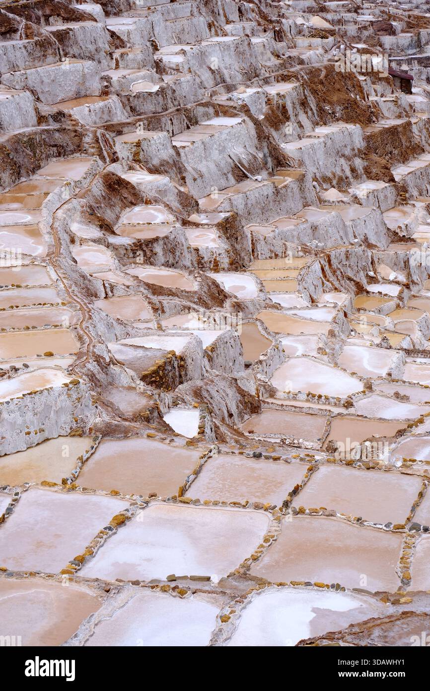 Configuration de bassins salants en terrasses dans les mines de sel de Maras dans la Vallée sacrée du Pérou Banque D'Images