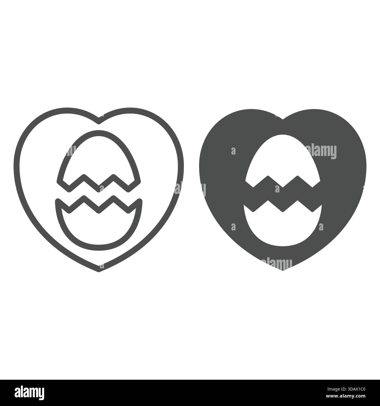 Forme de coeur avec ligne d'oeuf craquelé et icône solide, concept de vacances de pâques. Graphiques vectoriels. Signe d'oeuf de poule sur fond blanc, icône de style de contour fo Illustration de Vecteur