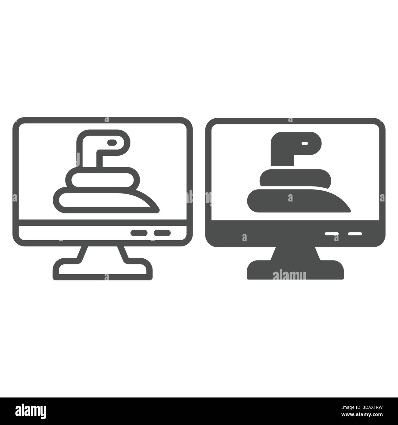 Écran de surveillance et ligne de serpent et icône solide, concept d'attaques de pirates informatiques. Graphiques vectoriels. Affichage avec signe de virus de ver sur fond blanc, style de contour Illustration de Vecteur