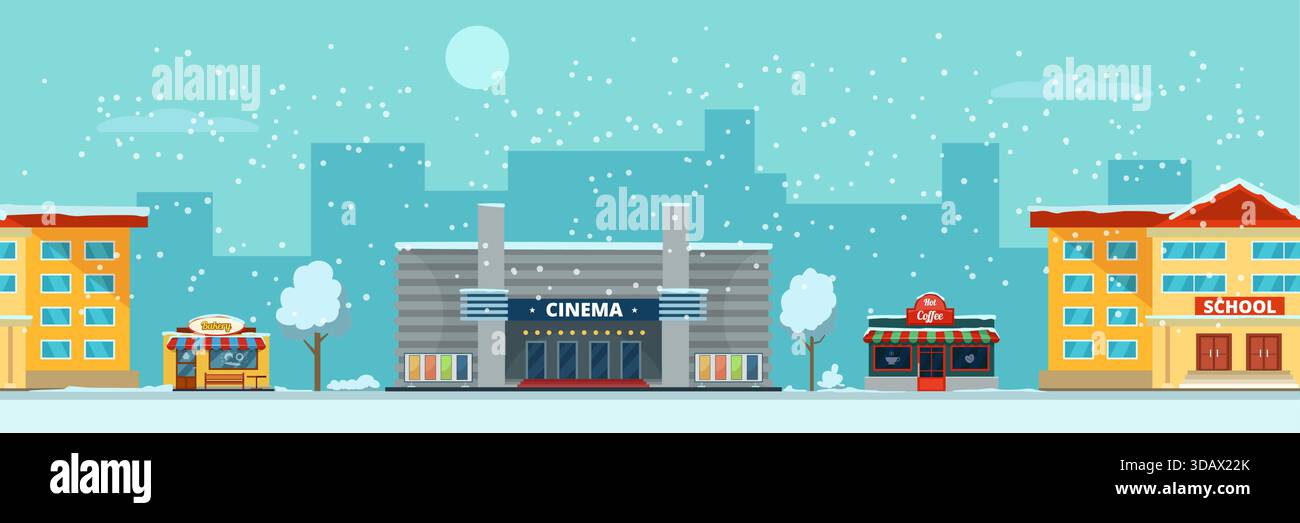 Une rue de ville avec un cinéma, une école et un restaurant Illustration de Vecteur