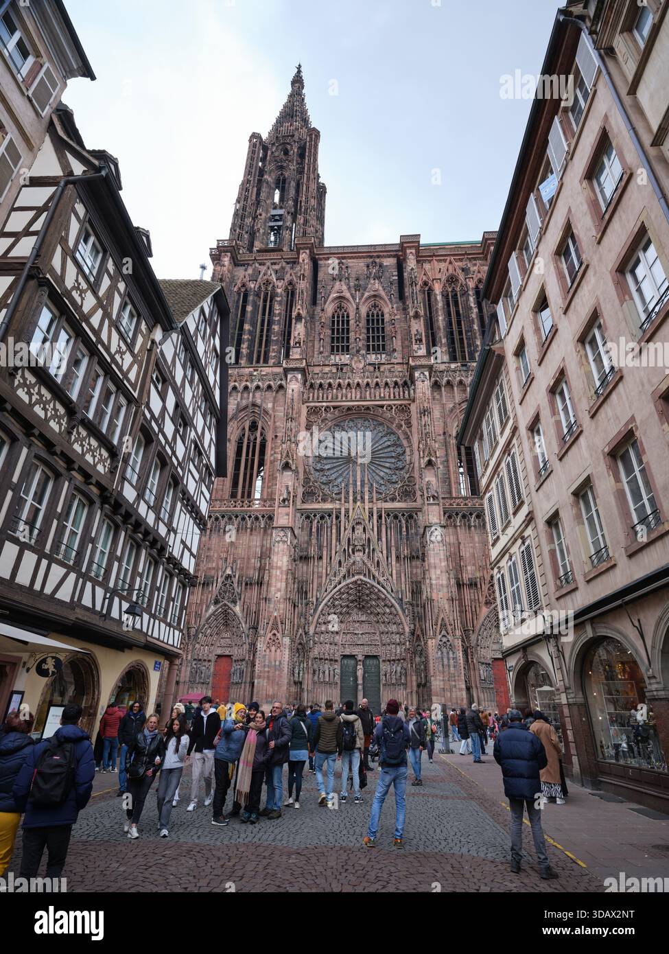 Façade ouest de la cathédrale gothique de Strasbourg avec sa façade murale en grès rose des Vosges, héritage d'Erwin von Steinbach. Alsace, FR Banque D'Images