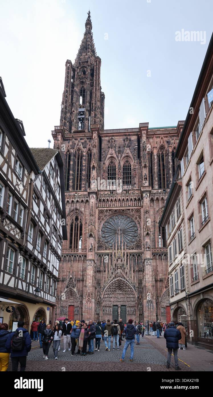 Façade ouest de la cathédrale gothique de Strasbourg avec sa façade murale en grès rose des Vosges, héritage d'Erwin von Steinbach. Alsace, FR Banque D'Images