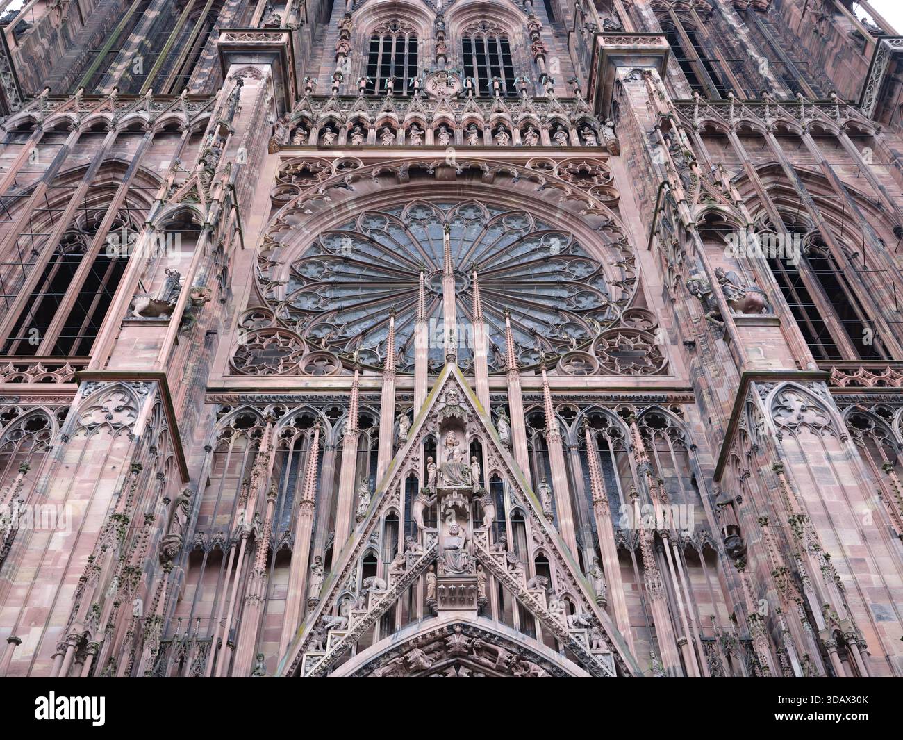 Façade ouest de la cathédrale gothique de Strasbourg avec sa façade murale en grès rose des Vosges, héritage d'Erwin von Steinbach. Alsace, FR Banque D'Images