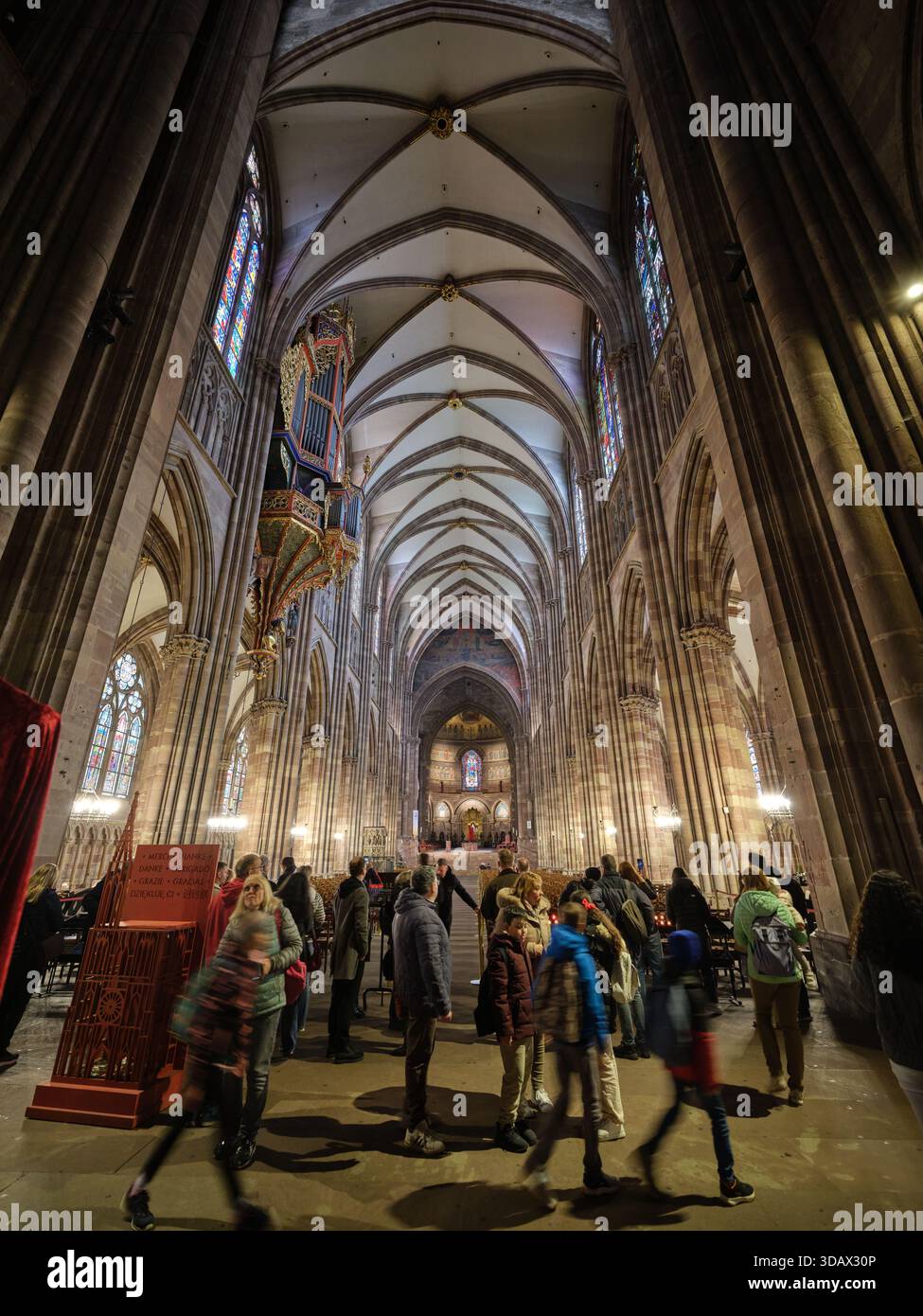 Nef de la cathédrale gothique de Strasbourg en grès rose des Vosges. Alsace, France. Banque D'Images