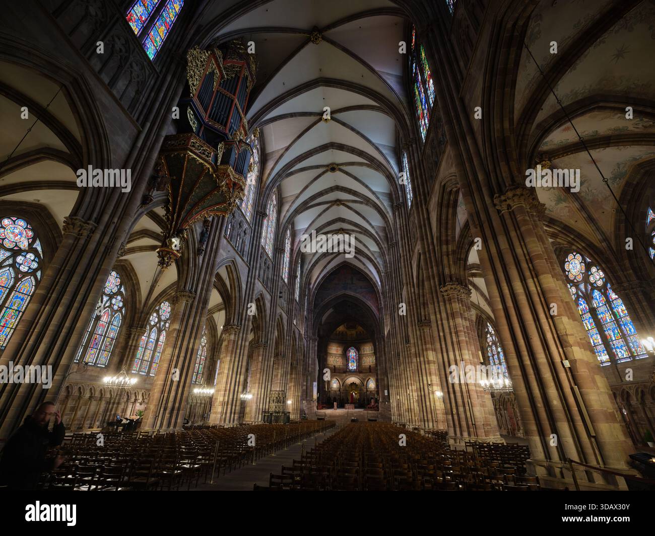Nef de la cathédrale gothique de Strasbourg en grès rose des Vosges. Alsace, France. Banque D'Images