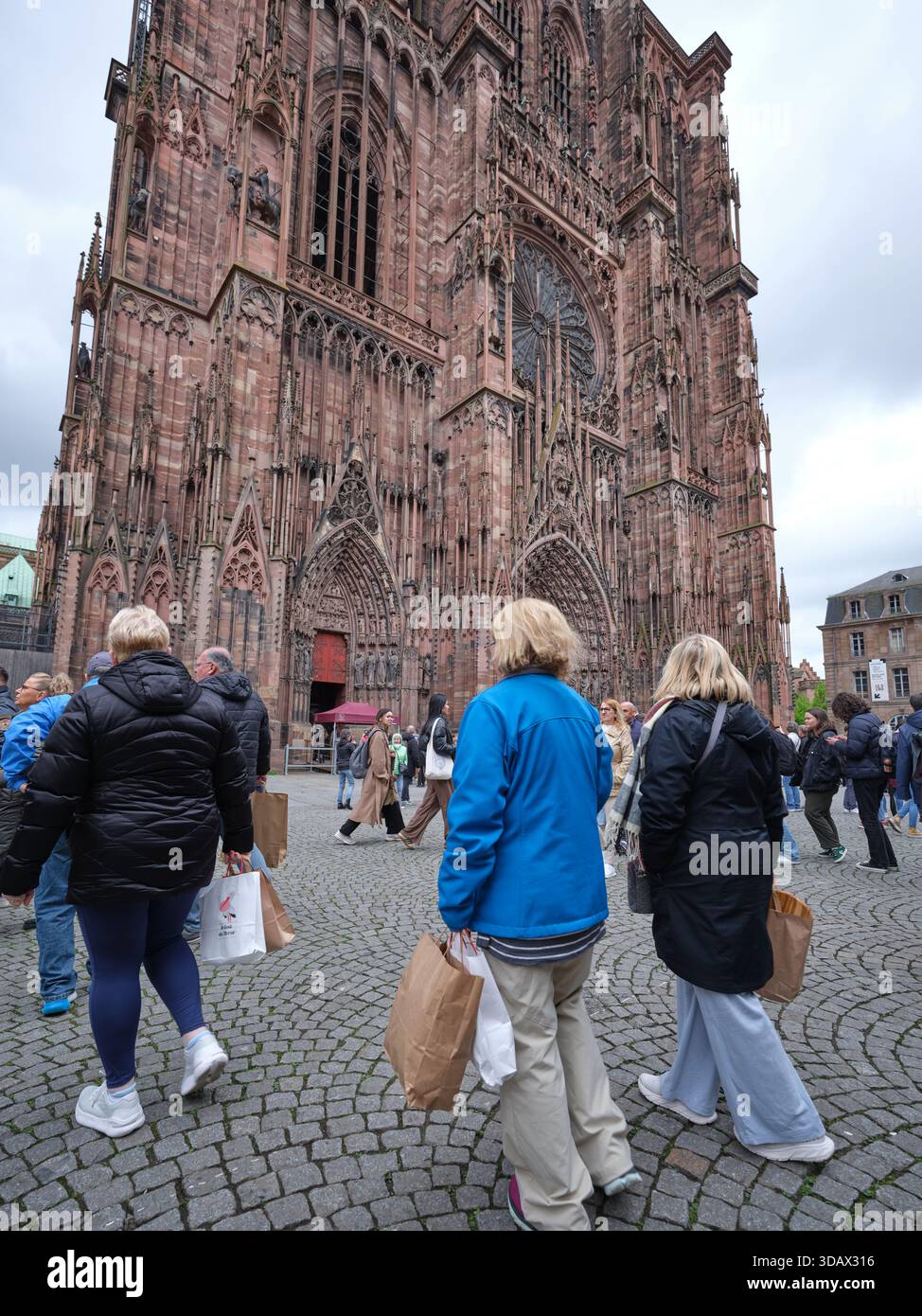 Façade ouest de la cathédrale gothique de Strasbourg avec sa façade murale en grès rose des Vosges, héritage d'Erwin von Steinbach. Alsace, FR Banque D'Images