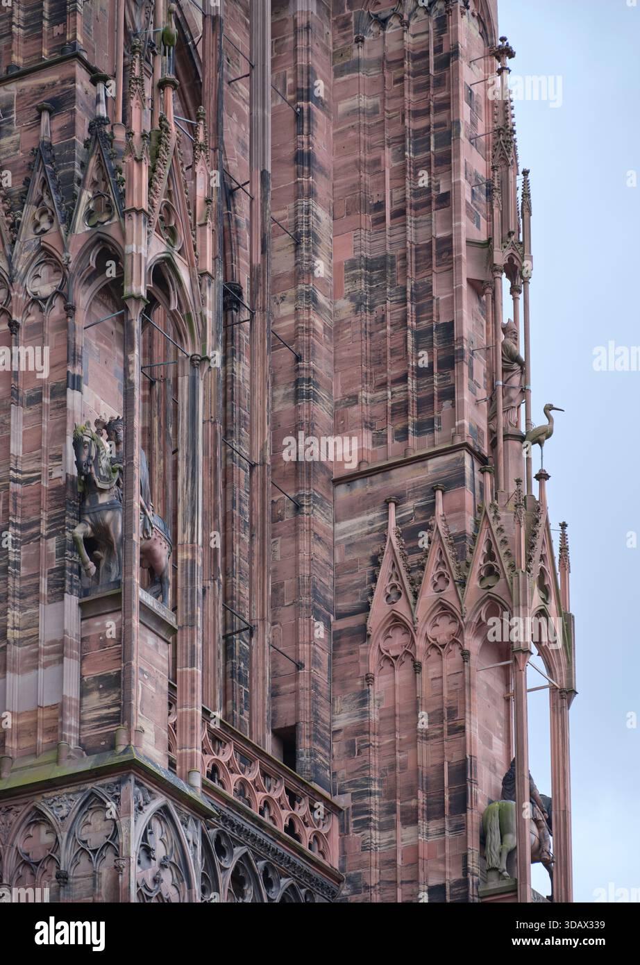 Façade ouest de la cathédrale gothique de Strasbourg avec sa façade murale en grès rose des Vosges, héritage d'Erwin von Steinbach. Alsace, FR Banque D'Images