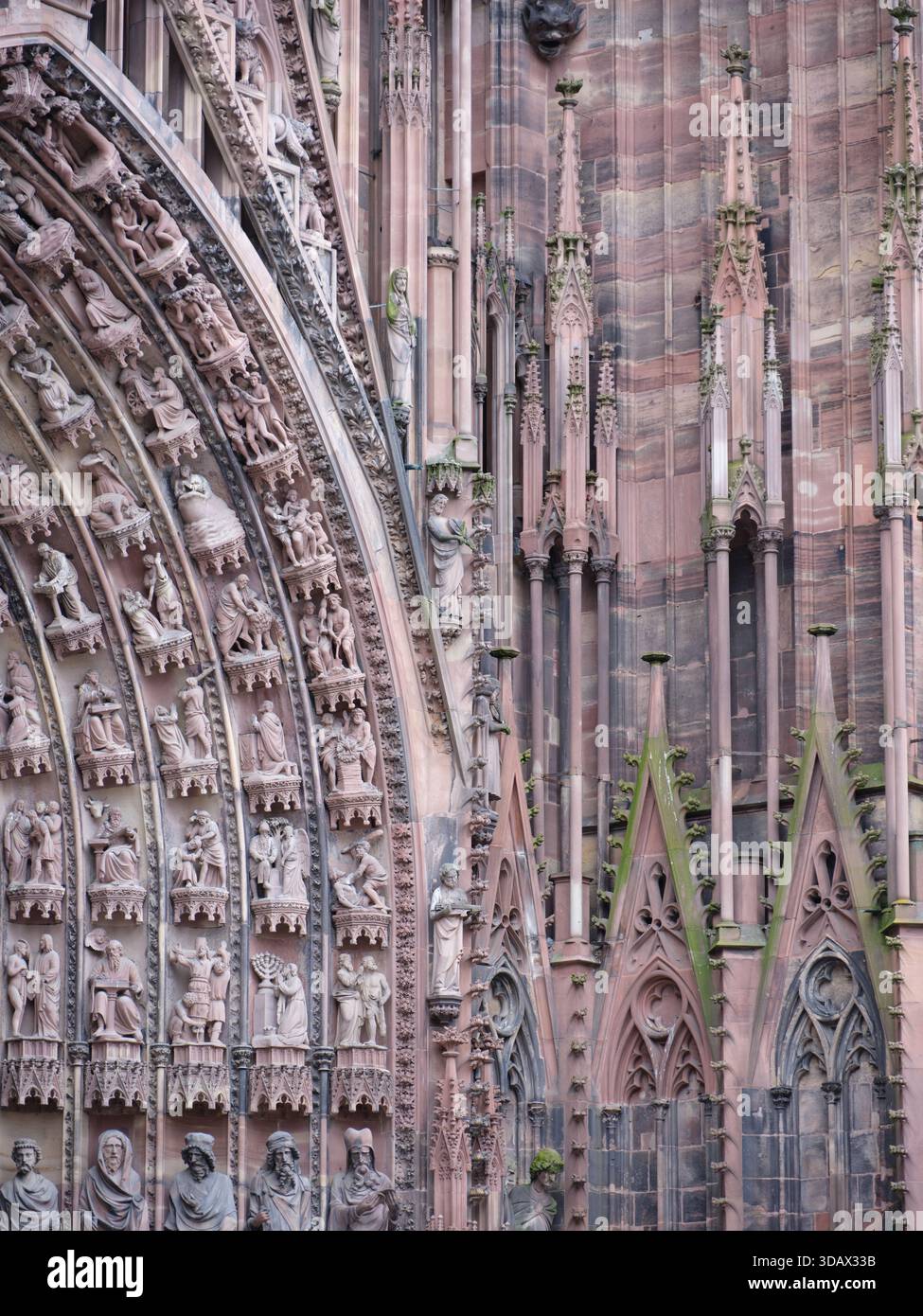 Façade ouest de la cathédrale gothique de Strasbourg avec sa façade murale en grès rose des Vosges, héritage d'Erwin von Steinbach. Alsace, FR Banque D'Images