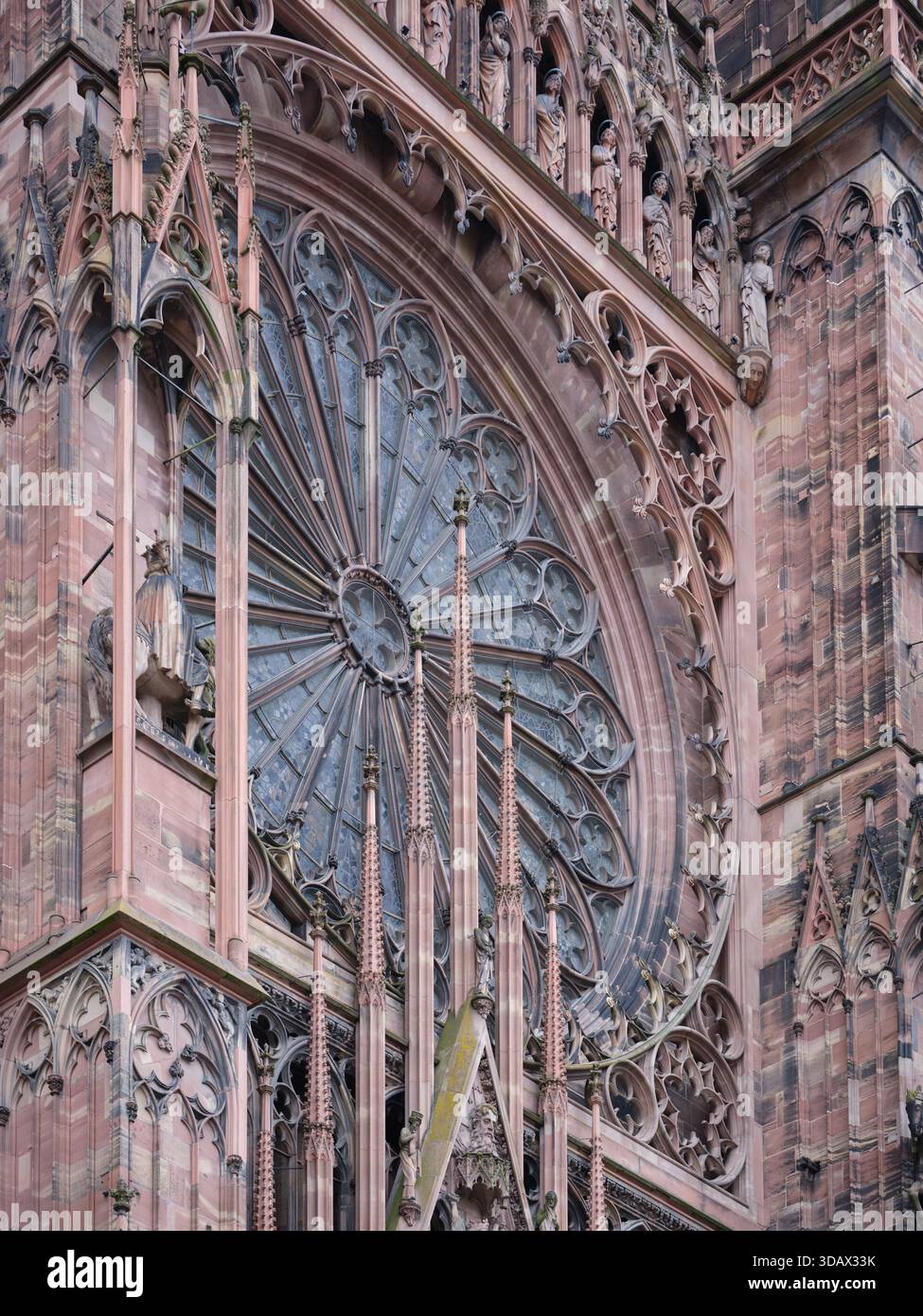 Façade ouest de la cathédrale gothique de Strasbourg avec sa façade murale en grès rose des Vosges, héritage d'Erwin von Steinbach. Alsace, FR Banque D'Images