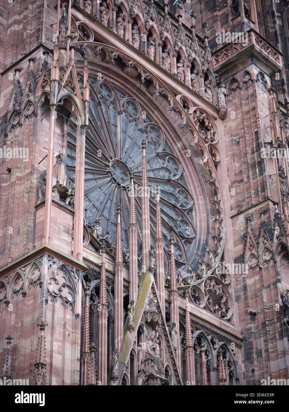 Façade ouest de la cathédrale gothique de Strasbourg avec sa façade murale en grès rose des Vosges, héritage d'Erwin von Steinbach. Alsace, FR Banque D'Images