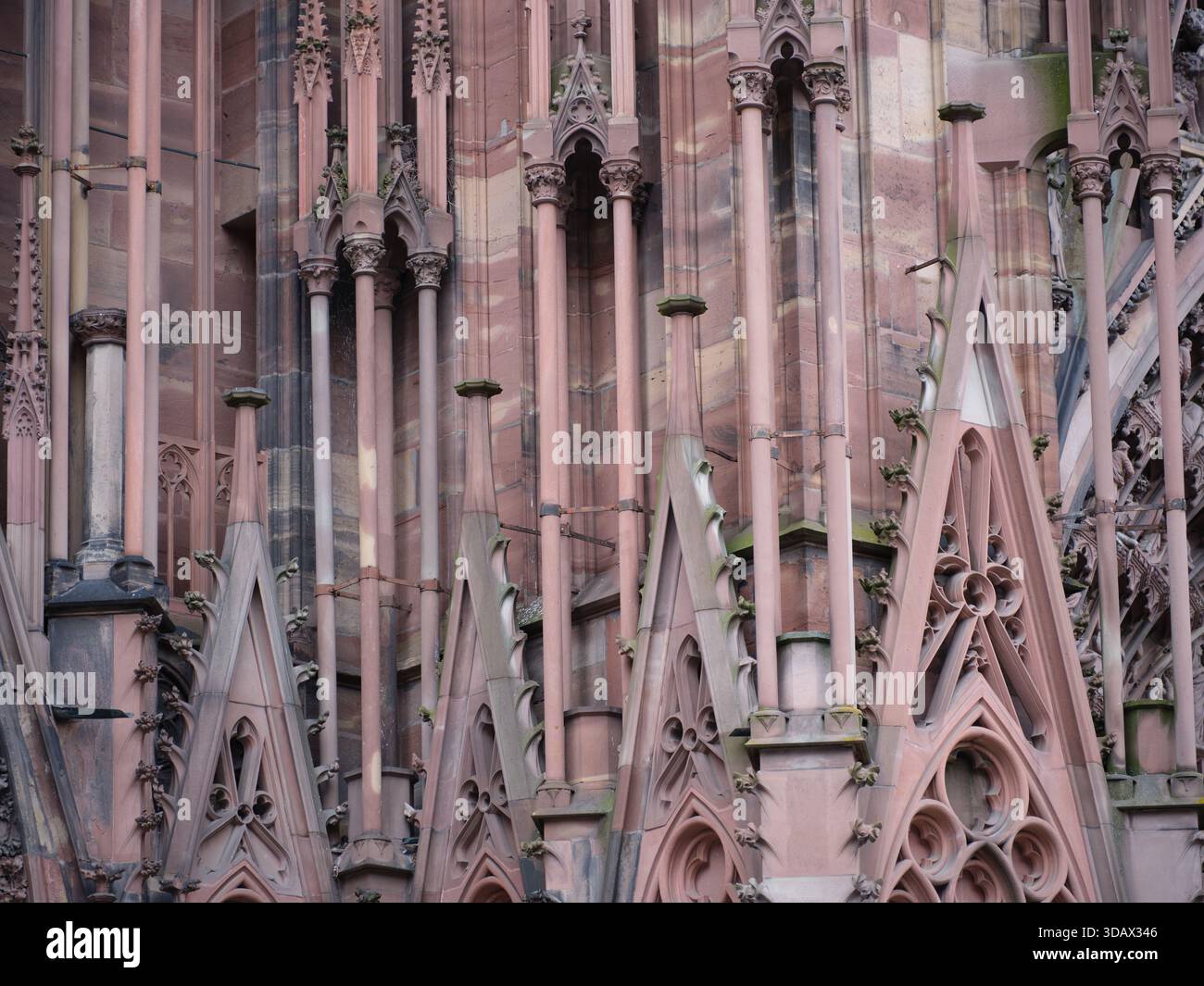 Façade ouest de la cathédrale gothique de Strasbourg avec sa façade murale en grès rose des Vosges, héritage d'Erwin von Steinbach. Alsace, FR Banque D'Images