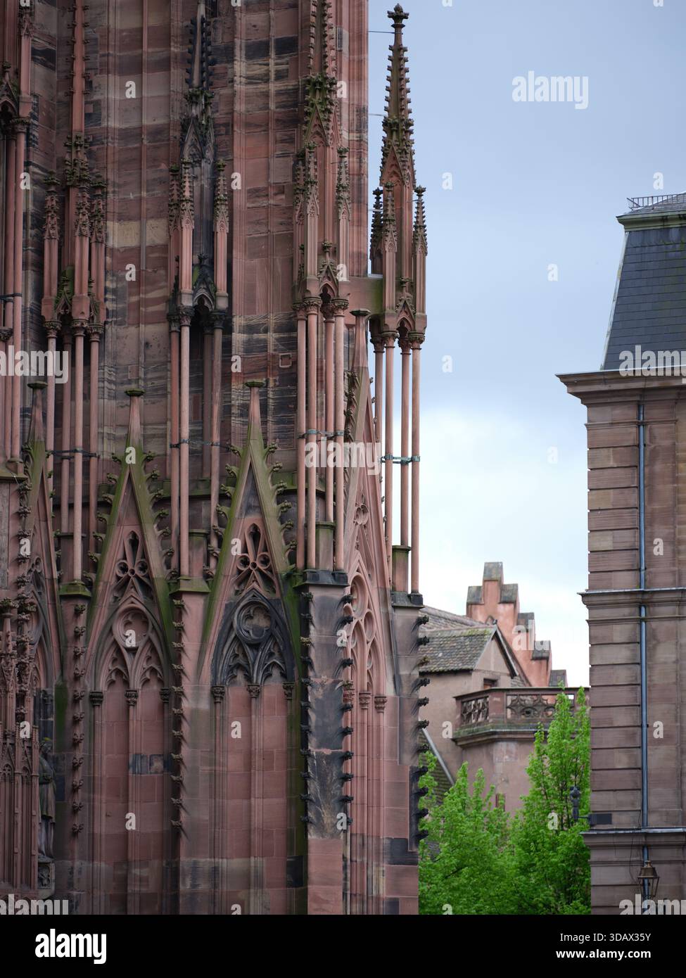 Façade ouest de la cathédrale gothique de Strasbourg avec sa façade murale en grès rose des Vosges, héritage d'Erwin von Steinbach. Alsace, FR Banque D'Images