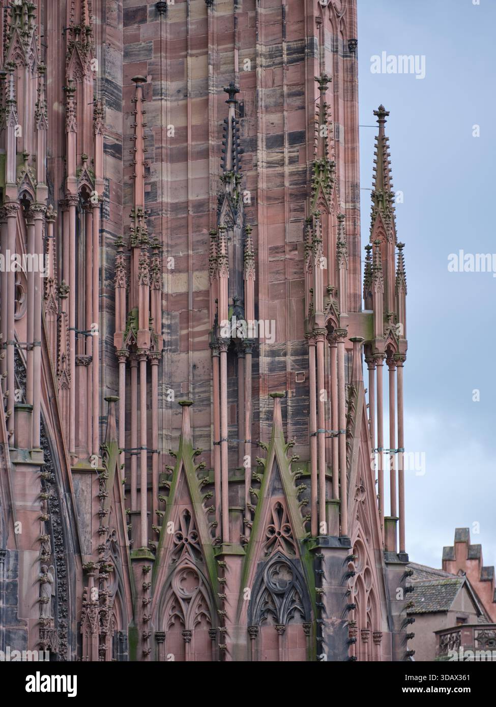 Façade ouest de la cathédrale gothique de Strasbourg avec sa façade murale en grès rose des Vosges, héritage d'Erwin von Steinbach. Alsace, FR Banque D'Images