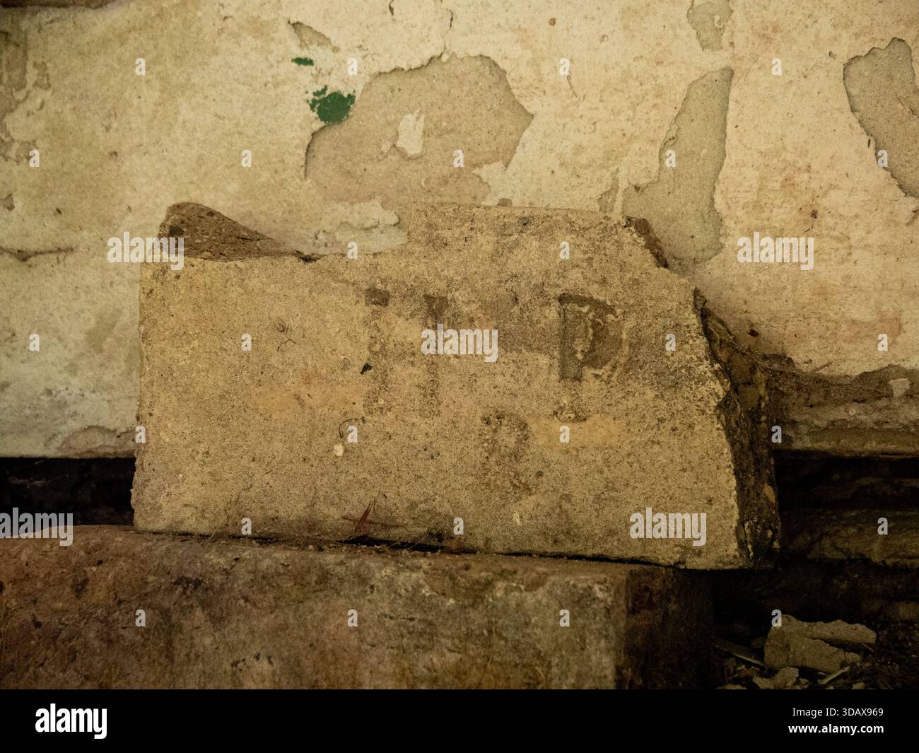 Vieille brique altérée contre un mur de plâtre pelable à l'intérieur d'un bâtiment abandonné Banque D'Images