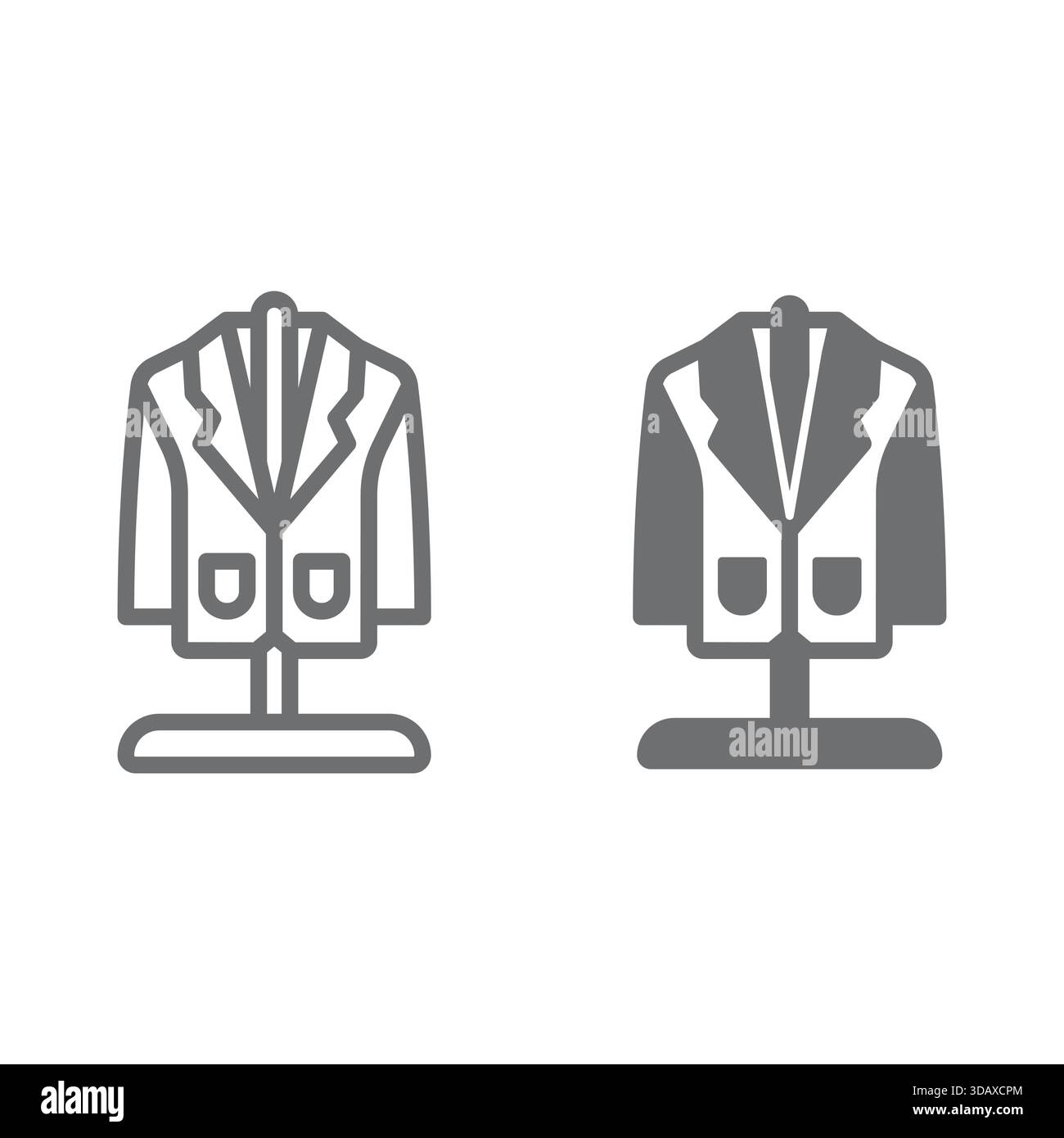 Veste sur la ligne de stand de cintre et icône solide, concept de service de blanchisserie. Graphiques vectoriels. Costume nettoyage à sec, signe de lavage de vêtements sur fond blanc, dehors Illustration de Vecteur